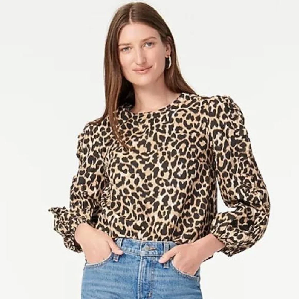 NWT J. Crew Leopard Ruffle Long Sleeve Top